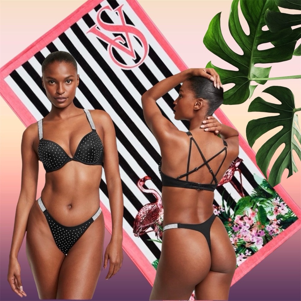 NEW X-LARGE VICTORIA'S SECRET SWIM Shine Strap Bombshell  SET PLUS FREE TOWEL
